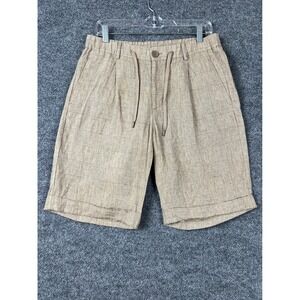 Herno Linen Shorts Mens Medium Tan Glen Plaid Drawstring Made in Italy Designer
